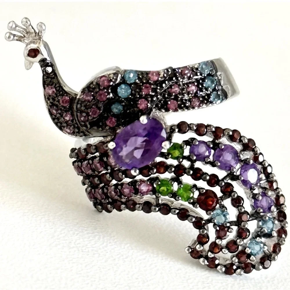 Sterling Silver Peacock Statement Ring Amethyst & Multi Gemstones in Sz 7 💚🦚🩵💍💜